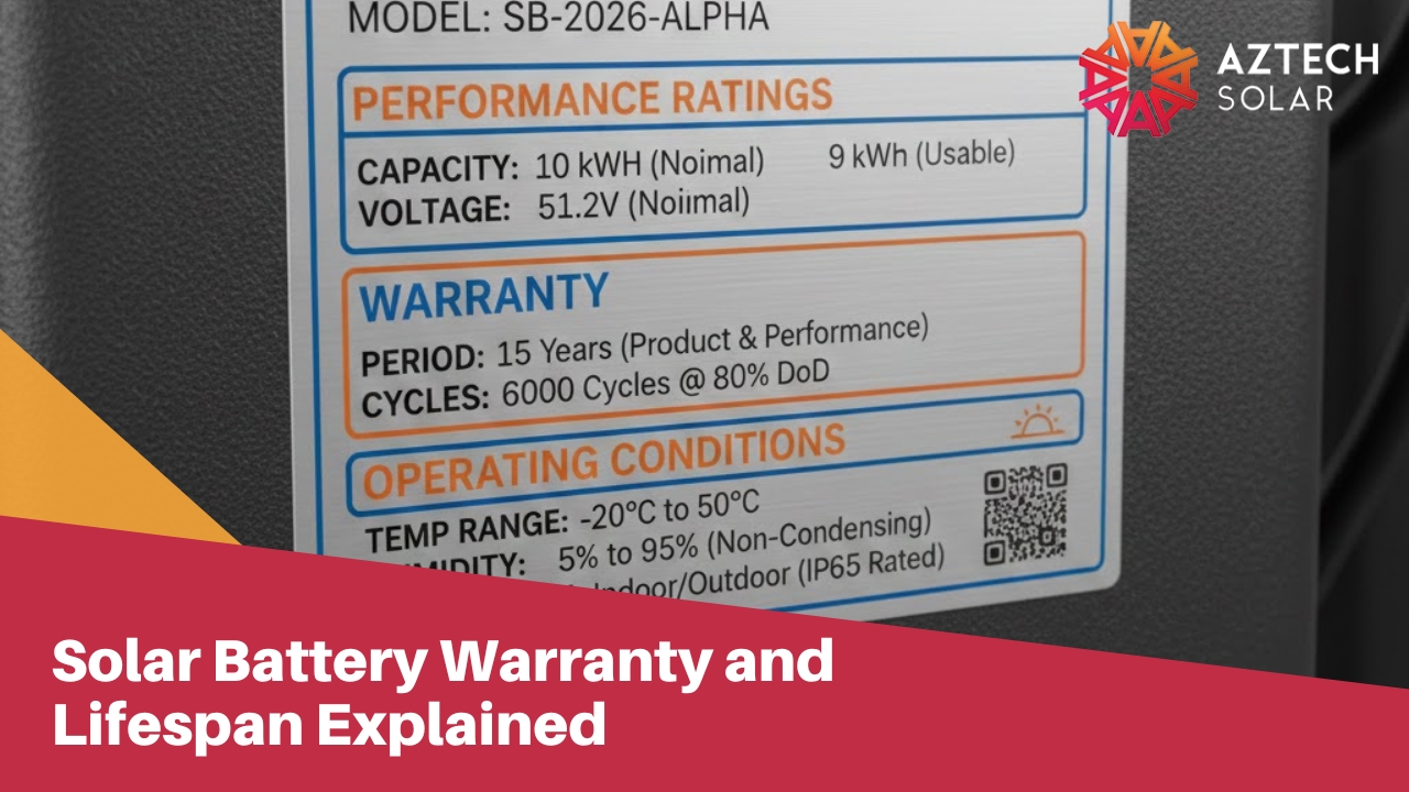 Solar battery specification label showing warranty period, capacity rating, and operating conditions