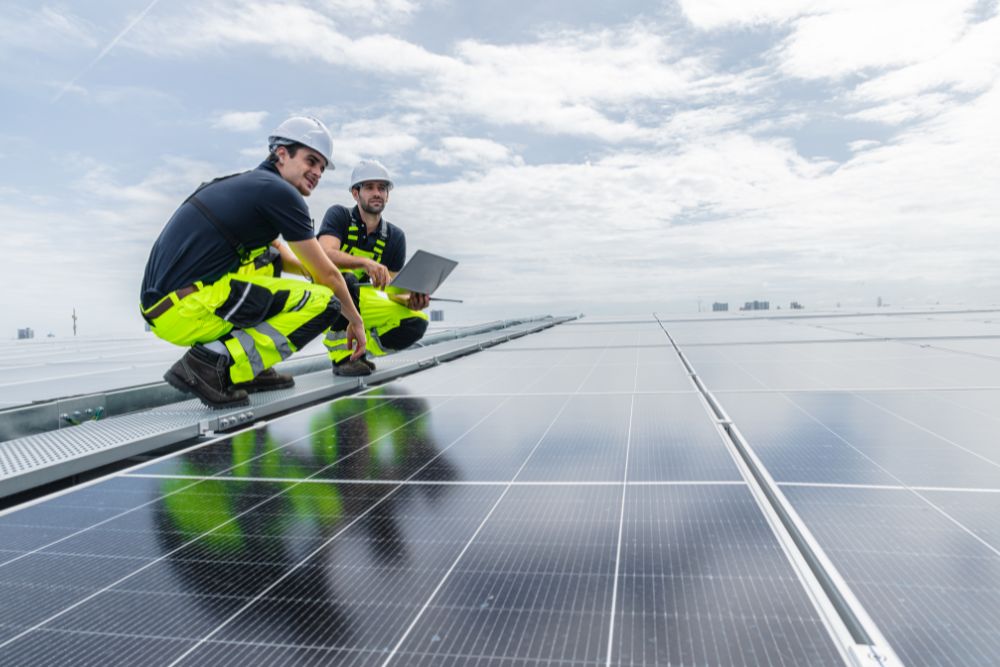 CEC-accredited solar installers inspecting rooftop solar panels on a Central Coast home