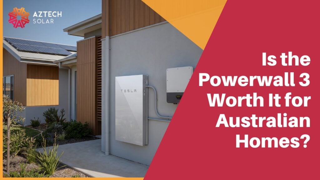 A Tesla Powerwall 3 installed neatly on the side of a modern Australian home next to a solar inverter.